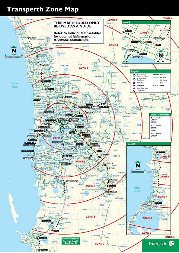Les zones de déplacement à Perth. Source: Transperth