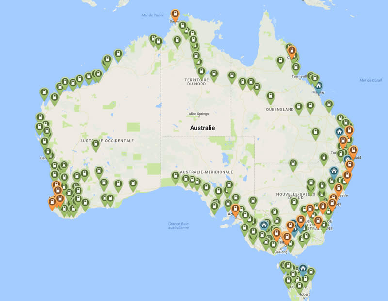 Carte des stations de recharge en Australie
